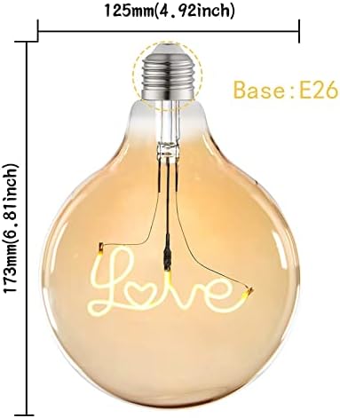 Fabuled G40 Aşk Şekli Mektup Küre Dekoratif LED Ampuller, Vintage Spiral Filament Kısılabilir Edison Ampuller, Amber Cam, E26