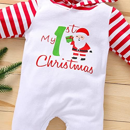 farrubbyine8 Yenidoğan Erkek Bebek Kız Benim 1st Noel Tulum Uzun Kollu Hoodie Şerit Baskılı Romper Pijama Giysileri