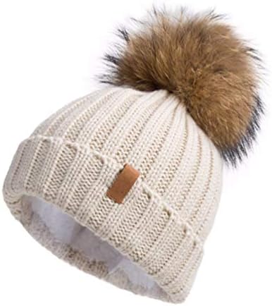 SANOMY Örme Bere Şapka ile Puf Faux Kürk Ponpon Kadınlar için Kış Sıcak Turn Up Çizgili Bobble Şapka