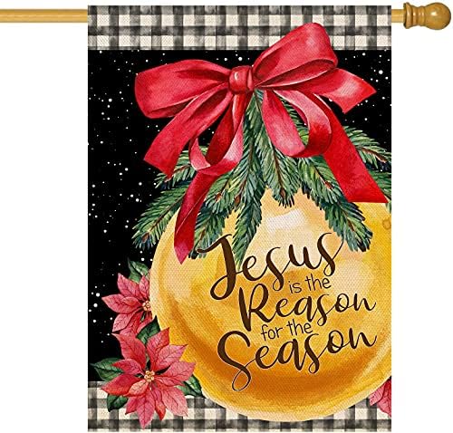 Baccessor İsa Nedeni Sezon Noel Evi Bayrağı Çuval Bezi Çift Taraflı, Jingling Çan Kırmızı Yay-düğüm Büyük Ev Bayrağı Doğuş Din