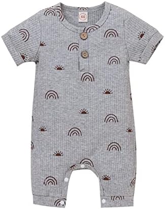 Toddler Bebek Erkek Kız Nervürlü Romper Kısa Kollu Gökkuşağı Baskı Tek Parça Tulum Yaz Kıyafetler 0-24 Ay