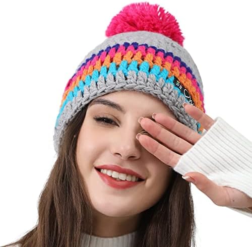 OWNGİGİ Renkli Bere Şapka El-Tığ Işi Kısa Şapka Ponpon Polar Astarlı Kayak Kafatası Kap Şapka Erkekler ve Kadınlar için